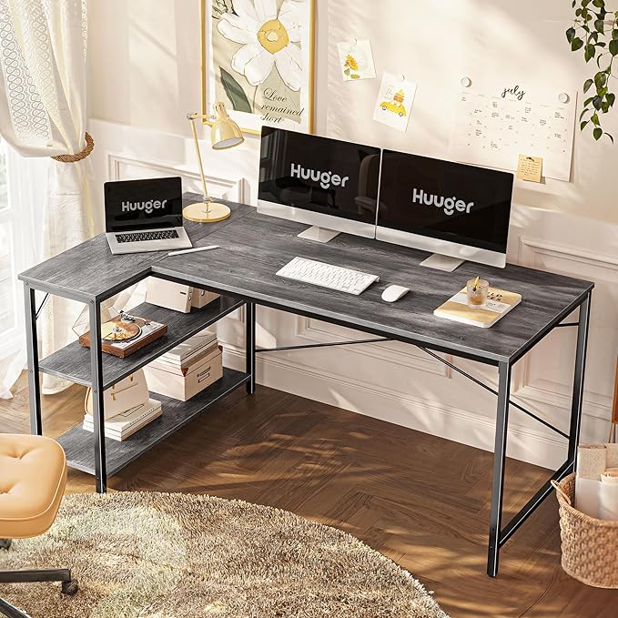 Huuger L Shaped Desk, 55 Inches Computer Desk with Reversible Storage Shelves, for Gaming Corner Home Office Writing Study, Metal Frame, Gray-NeatNest