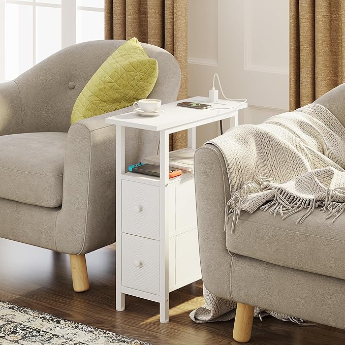 End Table with Charging Station, Narrow Side Table with 2 Fabric Drawers, Skinny Nightstand with LED Light, Slim Bedside Table for Bedroom, Living Room, Small Spaces, White