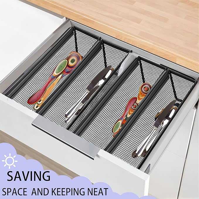 2PCS Drawer Organizer, Mesh Drawer Organizer with Interlocking Arm for Utensil, Cosmetic, Flatware, Pen (12 * 3 * 2 Inches, Black)-NeatNest