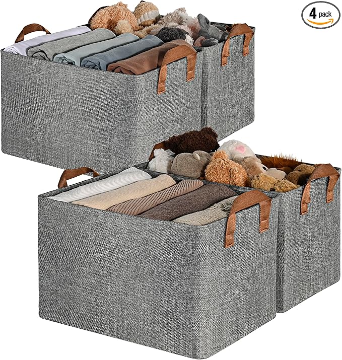 GRANNY SAYS Closet Storage Baskets, Collapsible Fabric Storage Bins with Metal Frame, Clothes Organizer Bins, Extra Large Baskets for Shelves, Gray, 4-Pack-NeatNest
