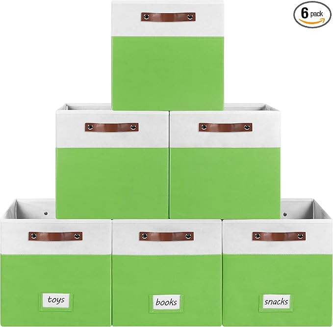 6-Pack Collapsible Fabric Storage Cubes with Handles & Label Holders, Closet Cube Home Organizer Bins (White/Light Green, 13 x 13 x 13 inch)