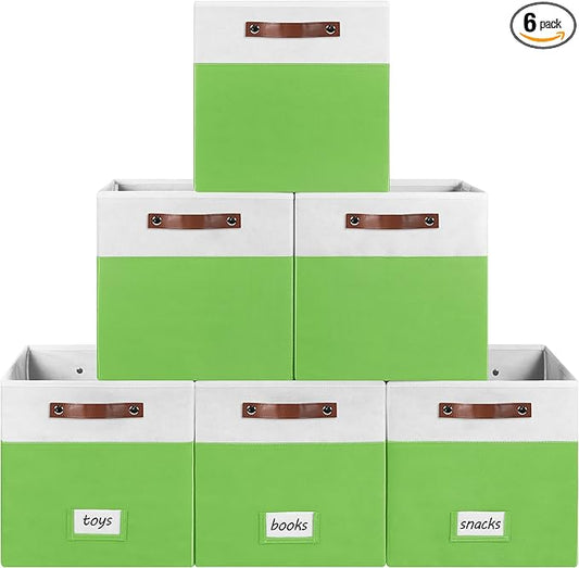 6-Pack Collapsible Fabric Storage Cubes with Handles & Label Holders, Closet Cube Home Organizer Bins (White/Light Green, 13 x 13 x 13 inch)