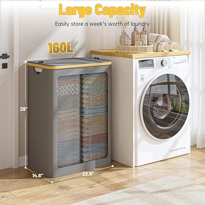 160L Double Laundry Hamper with Lid 2 Section, Large Bamboo Laundry Basket with 2 Removable Bags, Clothes Hampers for Laundry for Bedroom, Bathroom, Dorm, Laundry Room, Grey-NeatNest