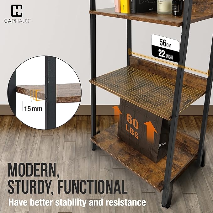 CAPHAUS 4 Tier Ladder Bookshelf, 24 Inch Width Free Standing Shelf, Bookcase Shelf Storage Rack Organizer, Industrial Book Shelves for Home Office, Living Room, Kitchen, Rustic Oak, Vintage Shelves-NeatNest