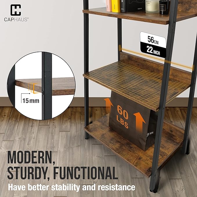 CAPHAUS 5 Tier Ladder Bookshelf, 24 Inch Width Free Standing Shelf, Bookcase Shelf Storage Rack Organizer, Industrial Book Shelves for Home Office, Living Room, Kitchen, Rustic Oak, Vintage Shelves-NeatNest