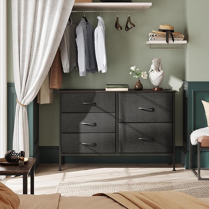 WLIVE Dresser for Bedroom with 5 Drawers, Wide Bedroom Dressers with Drawer Organizers, Chest of Drawers, Fabric Dresser for Living Room, Closet, Hallway, Charcoal Black-NeatNest