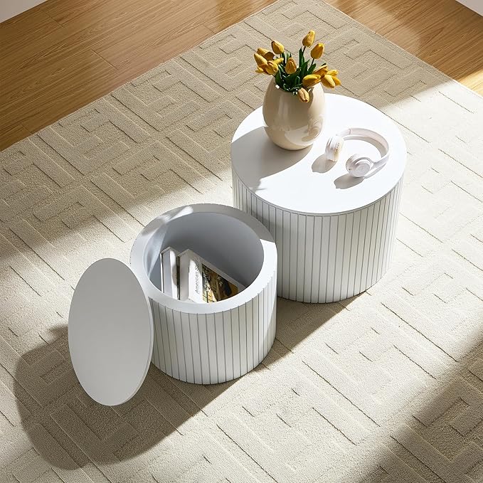Round Storage Side Table Set of 2, Nesting Coffee Tables with Hidden Storage, Modern Wood Accent End Table for Living Room, Bedroom, Small Space, Minimalist Bedside Table, No Assembly(White)