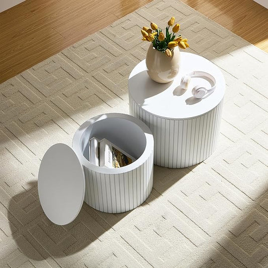 Round Storage Side Table Set of 2, Nesting Coffee Tables with Hidden Storage, Modern Wood Accent End Table for Living Room, Bedroom, Small Space, Minimalist Bedside Table, No Assembly(White)
