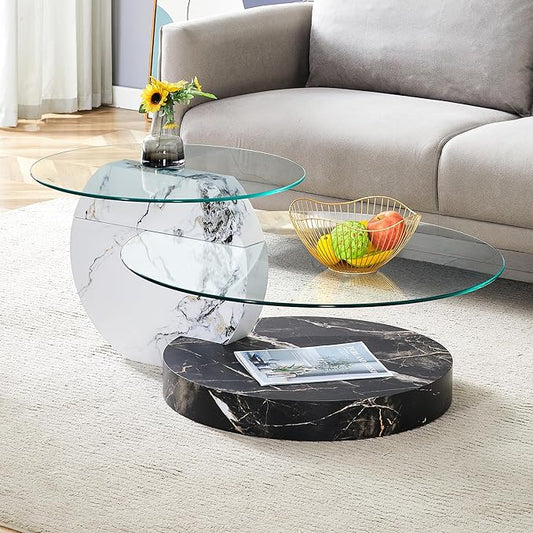 Glass Coffee Tables Round Coffee Tables for Living Room Modern 3 Tier Round Table Circle Coffee Table for Small Space Home Office (42 Inch White+Black)