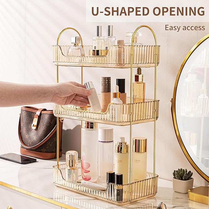 Bathroom Organizer Countertop, Vanity Trays for Bathroom, Skincare Makeup Organizer Shelf, Vanity Organizer, Bathroom Counter Shelf for Cosmetics, Toiletries, Lotions, Perfumes (3 Tiers, Amber)-NeatNest
