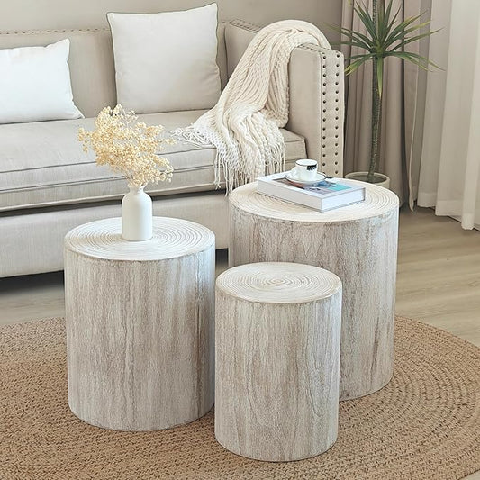 kevinplus Round Nesting Small Coffee Table Side Table End Set of 3 for Living Room Bedroom, Farmhouse Countryside Style, No Assembly, Antique White