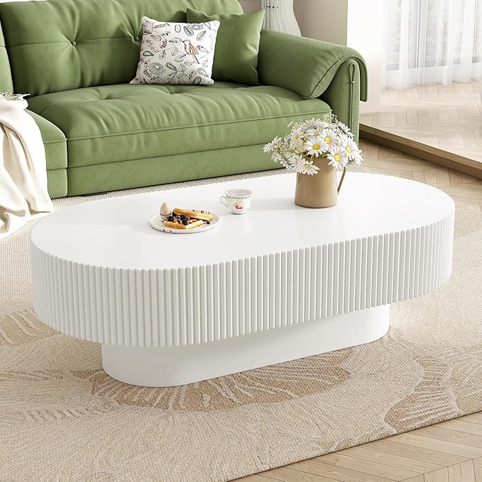 KEVINSPACE Oval Coffee Table for Living Room Modern Wood Center Tables Cocktail Fluted 43.3" W Reception Room Easy Assemble, White