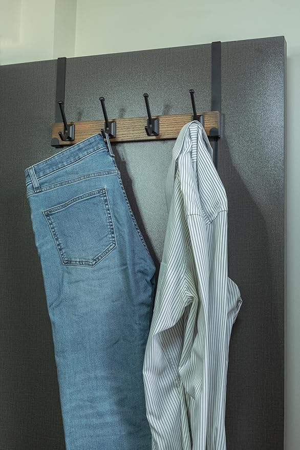 creathome Dual-Purpose Wooden Hanger with 4 Robben Hooks Classic Color, Behind/Over The Door Towel Rack for Bathroom, Heavy Duty Wall Mounted Coat Rack, No Drilling