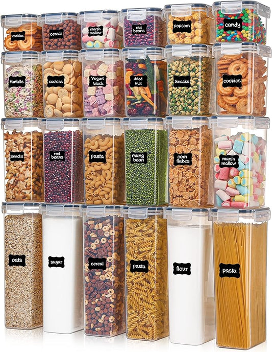 Airtight Food Storage Containers with Lids, Vtopmart 24 pcs Plastic Kitchen and Pantry Organization Canisters for Cereal, Dry Food, Flour and Sugar, BPA Free, Includes 24 Labels，Black-NeatNest