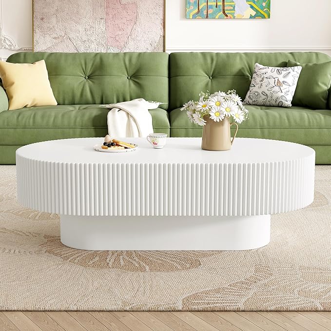 KEVINSPACE Oval Coffee Table for Living Room Modern Wood Center Tables Cocktail Fluted 43.3" W Reception Room Easy Assemble, White