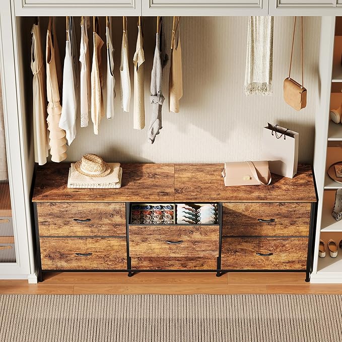 Huuger 63 Inch Long Dresser for Bedroom, Wide TV Stand for 55, 65, 70 Inch TV, 6 Drawer Dresser for Closet with Fabric Drawers, Storage Organizer for Bedroom, Entryway, Rustic Brown-NeatNest