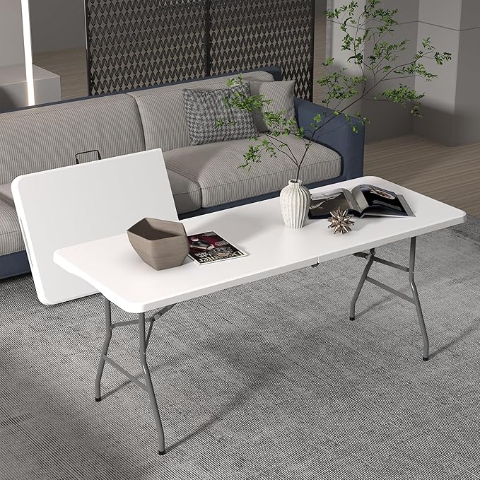 Allpop 6Ft Folding Table for Indoor Outdoor, Fold-in-Half Portable Plastic Dining Table with Carrying Handle for Picnic Party Camping, White-NeatNest