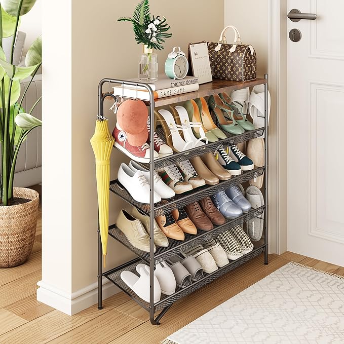 5 Tier Shoe Rack for Entryway, Metal Shoe Rack Organizer Holds 20 Pairs Shoes, Front Door Shoe Storage with Rustic Brown Wooden Top, Vertical shoe rack for Space Saving Shoe Organizer (5-Tiers)-NeatNest