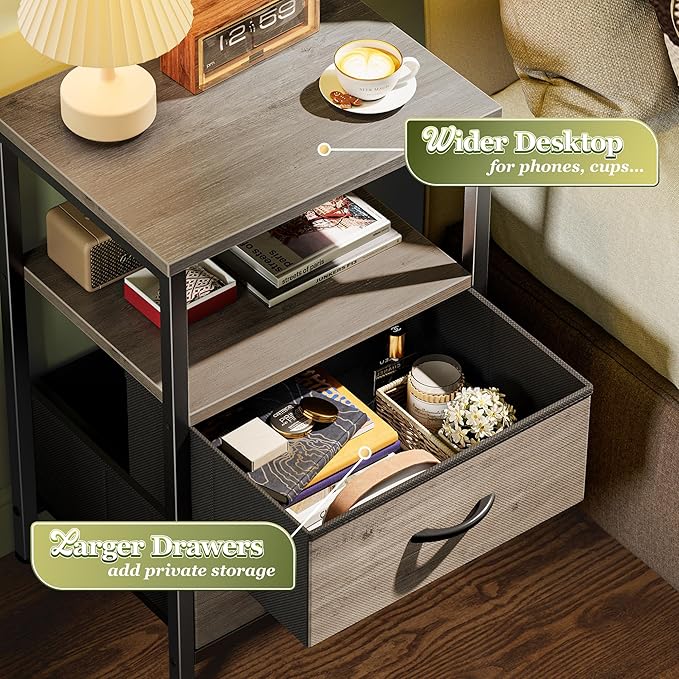 Huuger Night Stand Set of 2, Nightstand with 2 Drawers, Bed Side Table with Open Shelf, Wooden Top, End Table, Fabric Drawer with Oak Wooden Print Surface, for Bedroom