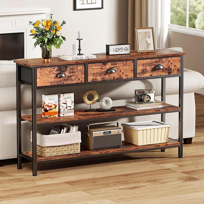 Furologee Long 47" Console Sofa Table with 3 Drawers, Entryway Table with 3-Tier Storage Shelves, Industrial Display Shelf for Entry Way, Hallway, Couch, Living Room, Kitchen, Foyer, Rustic Brown-NeatNest