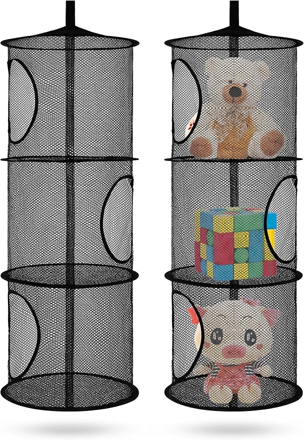 2Pcs Stuffed Animal Storage Foldable Stuffed Animal Net or Hammock Organizer, 3 Compartments Hanging Mesh Toy Storage Hammock for Kid Room Toys, Gloves, Hats, Socks(Black)-NeatNest