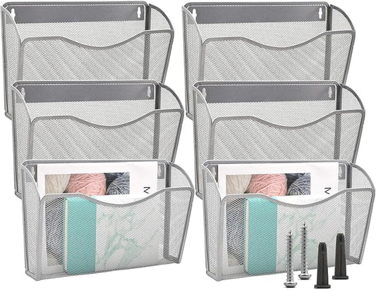 EASEPRES 6 Single Pocket Mesh Hanging File Organizer, Vertical Wall Mounted Magazine File Holder, Mount Basket Mail Paper Document Folder Organizing for Office, Home and School, Silver