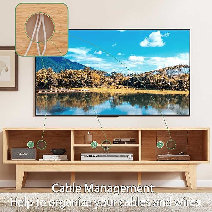 Fluted TV Stand for 55 65 Inch TV, Mid Century Modern Entertainment Center with Shelves, Cabinets & Sliding Doors, TV Media Console Table with Wood Feet & Cord Holes for Living Room, Bedroom, Natural-NeatNest