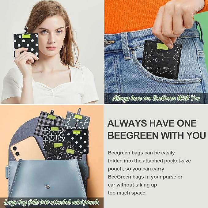 BeeGreen Reusable Shopping Bags for Groceries Reusable Gifts Bag - Grocery Bags Foldable 6 Pack Cute Holiday Cloth Bags With Handles - Large Tote Bag Bulk Heavy Duty Polyester Washable Geometry-NeatNest