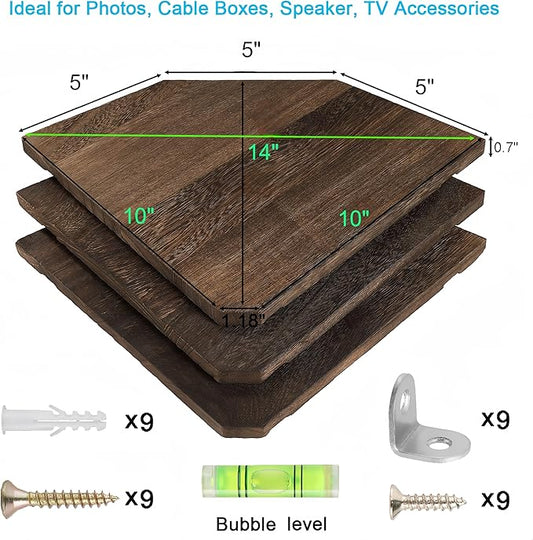 Corner Wall Shelves, Wood Corner Floating Shelves with Cable Raceway, Wall Mount Storage Display for TV Accessories, Monitor, Speaker (Carbonized Dark Brown, Diamond- 10 Inch)-NeatNest
