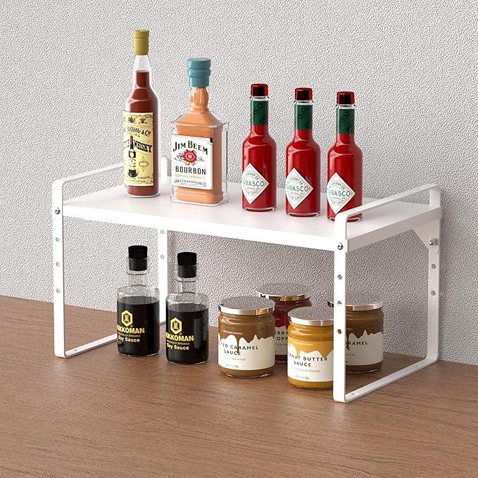 Slideep Expandable Cabinet Shelf 16.54'' to 27.17'', Stackable Cupboard Stand Spice Rack Kitchen Bathroom Pantry Cupboard Home Office for Cups, Dishes, Plates, Seasoning Bottles -White