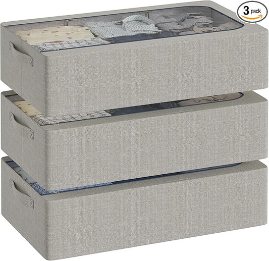 3PCS Under Bed Storage Bins with Metal Frame, Linen Fabric Frame Storage Box Clothes Organizer Bins, Underbed Container with Clear Window (Light Grey, 15.7 x 13 x 6IN)-NeatNest