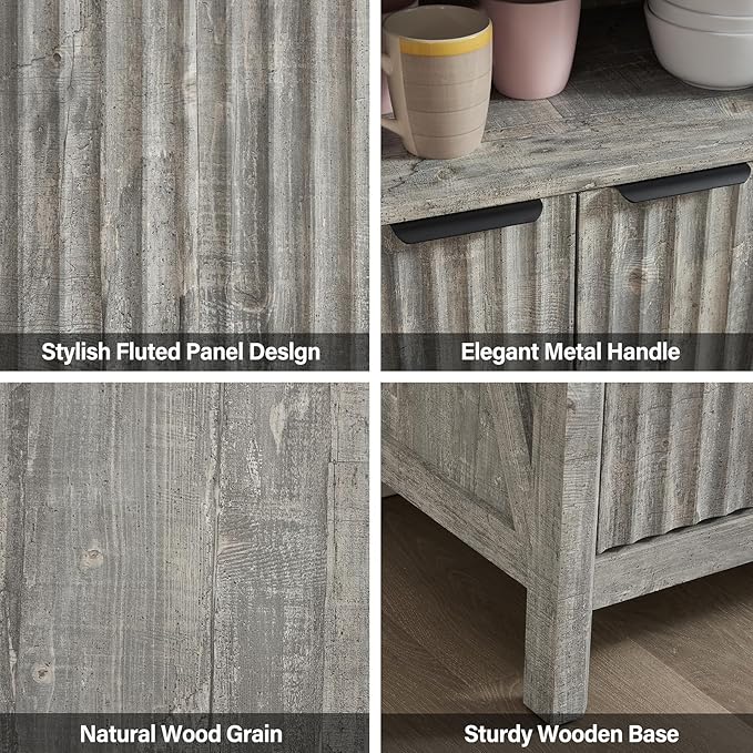 32 Inch Fluted Sideboard Buffet Cabinet with Storage, Modern Farmhouse Accent Credenza with Adjustable Shelves, Coffee Wine Bar Organizer for Kitchen, Entryway, Living Room (Grey)
