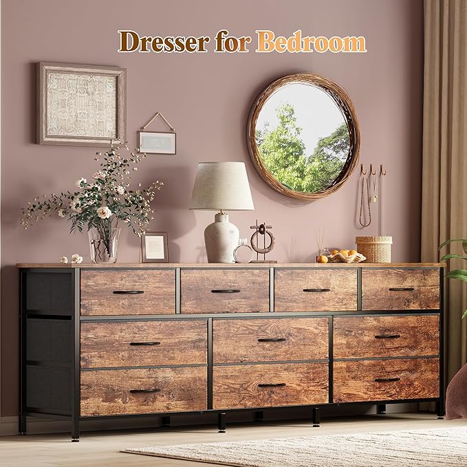 Huuger 63 Inch Dresser for Bedroom, Long Dresser with 10 Fabric Drawers, TV Stand for 55, 65, 70 Inch TV, Toy Storage Organizer for Closet, Rustic Brown-NeatNest
