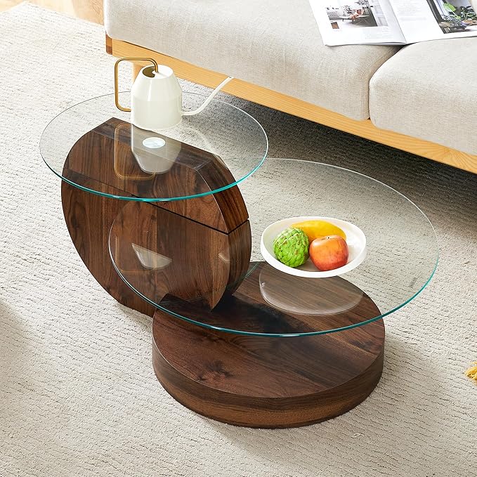Glass Coffee Tables for Living Room Round Coffee Tables Modern 3 Tier Round Table Circle Coffee Table for Small Space Home Office (35.4 Inch Dark Brown)