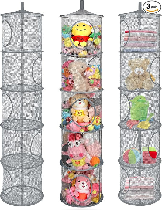 3Pcs Stuffed Animal Storage Foldable Stuffed Animal Net or Hammock Organizer, 5 Compartments Hanging Mesh Toy Storage Hammock for Kid Room Toys, Gloves, Hats, Socks（Grey）-NeatNest