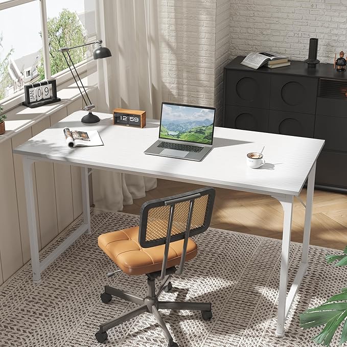 Huuger Computer Desk, 55 Inch Home Office Desk, Gaming Writing Work from Home Study Desk, Large Legroom, Sturdy Metal Frame, Modern Simple, White-NeatNest