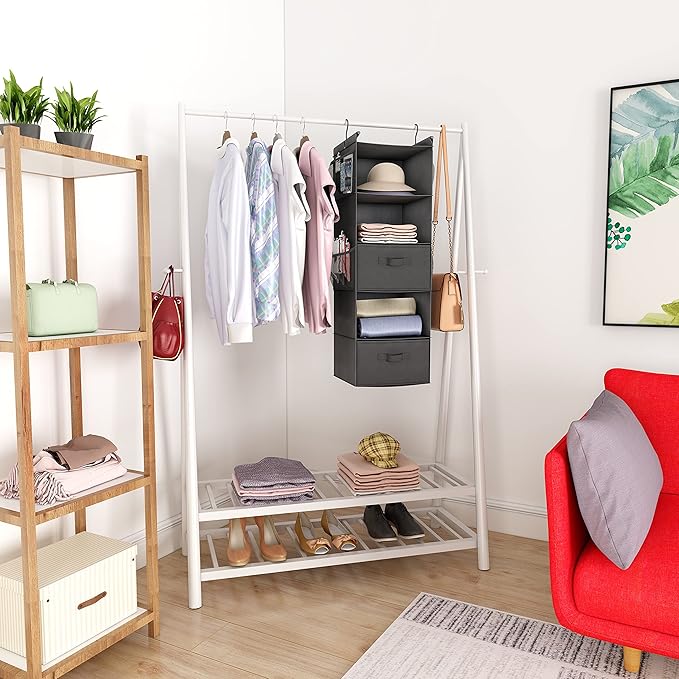MAX Houser 5 Tier Shelf Hanging Closet Organizer, Cloth Hanging Shelf with 2 Sturdy Hooks for Storage, Foldable (Grey-D2)-NeatNest