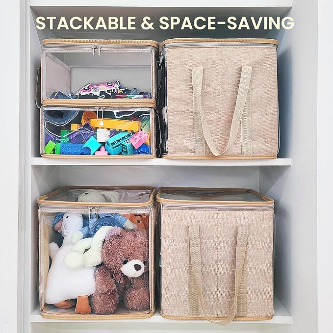 holay 2 Pack Storage Bins PVC Boxes with Transparent Lid & Handles - Durable & Foldable - Multi-Purpose Organizer for Clothes, Books, and More (Brown, Medium)-NeatNest