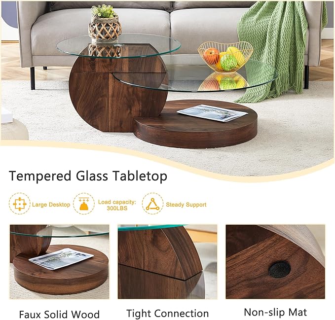 Glass Coffee Tables for Living Room Round Coffee Tables Modern Double Layer Round Table Circle Coffee Table for Small Space Home Office (42 Inch Dark Brown)
