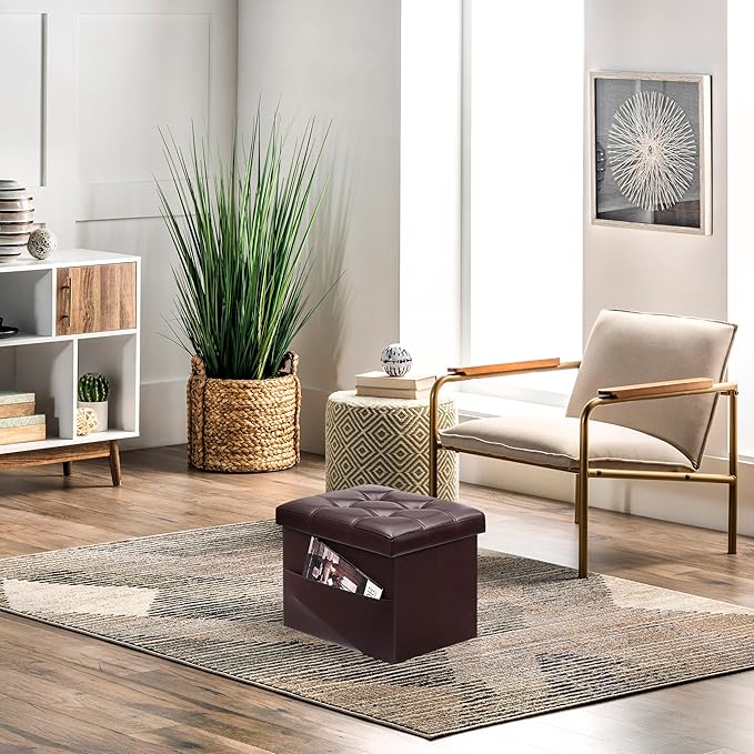 AmasSmile Storage Ottoman Folding Foot Rest Stool with Side Pocket, 16 inch Leather Footstool Bench, Short Ottoman Bench, Storage Foot Rest Store, Books, Brown-NeatNest