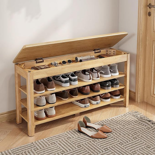 Shoe Rack Bench Seat Rubberwood 3-Tier Wooden Storage Bench 550lbs Compact Mid-Century Modern Design for Entryway, Hallway, Closet, Front Door Entrance, Foyer