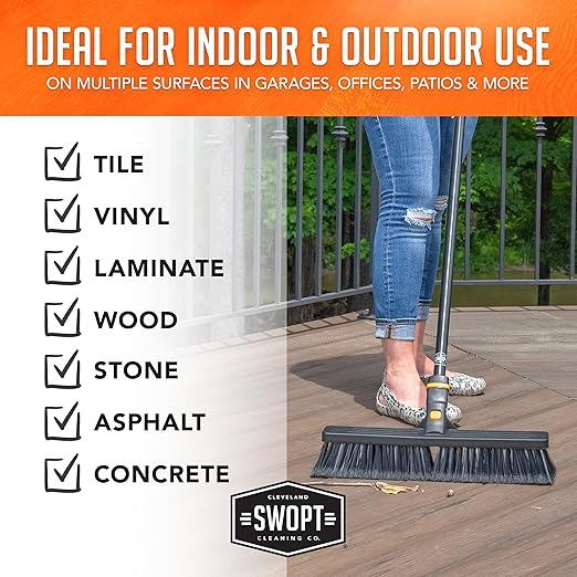 SWOPT 18” Multi-Surface Push Broom + 60" Steel Handle, Standard Combo — Cleaning Head with Interchangeable Long Handle, Works with All SWOPT Cleaning Products — Indoor & Outdoor Push Broom Set, Black