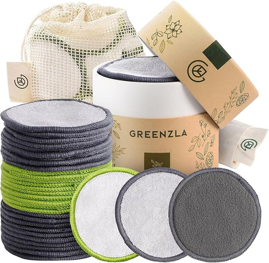 Greenzla Reusable Makeup Remover Pads, Washable Bamboo Cotton Rounds with Mesh Laundry Bag, Travel Pouch, Pad Holder - Reusable Cotton Rounds for All Skin Types - Perfect for Face Care, 30 Pack-NeatNest