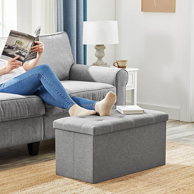 SONGMICS MAZIE Collection - 30 Inches Ottoman Storage Bench, 21 Gal. Folding Chest with Breathable Linen-Look Fabric, Load up to 660 lb, for Entryway, Living Room, Bedroom, Light Gray ULSF001G02-NeatNest