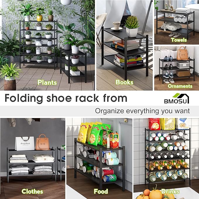 BMOSU 3-Tier Bamboo Shoe Rack Premium Stackable Shoe Shelf Storage Organizer for Hallway Closet Living Room Entryway Organizer(Black)-NeatNest