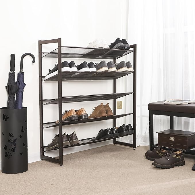 SONGMICS Shoe Rack, 5-Tier Shoe Organizer, Metal Shoe Storage for Garage, Stackable Shoe Shelf, with Adjustable Flat or Angled Shelves, 20-25 Pairs, Bronze ULMR05A-NeatNest
