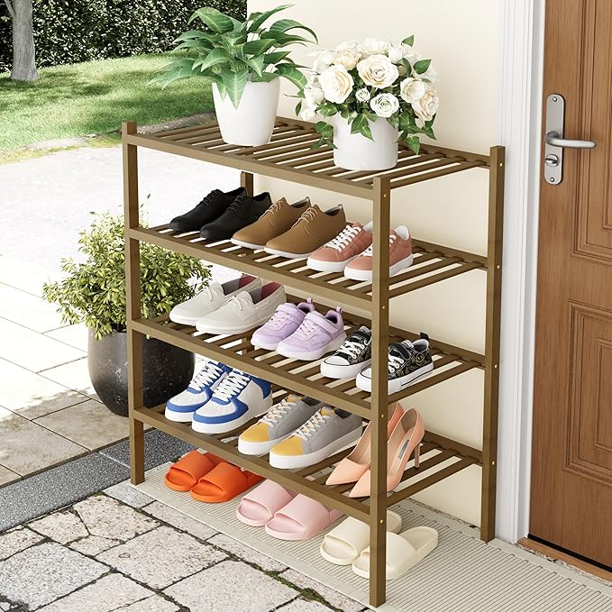 Smiry Shoe Rack, 4 Tier Thick Bamboo Shoe Organizer, Stackable Free Standing Wooden Shoe Storage Shelf for Closet, Entryway, Front Door Entrance, Walnut-NeatNest