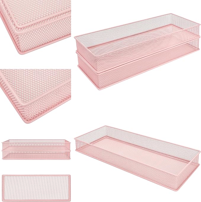 Annova Mesh Stackable Drawer Cabinet and Shelf Organizer Bins Storage Basket School Office Supply Holder Tray- Set of 2 (Light Pink, 6x15x2 Inch)-NeatNest