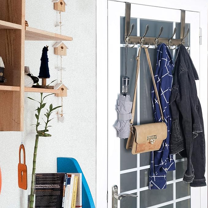 WEBI Over The Door Hooks Door Hanger with 5 Tri Hooks for Hanging, Over The Door Towel Rack Coat Hanger Coat Rack for Behind Back of Bathroom,Bronze