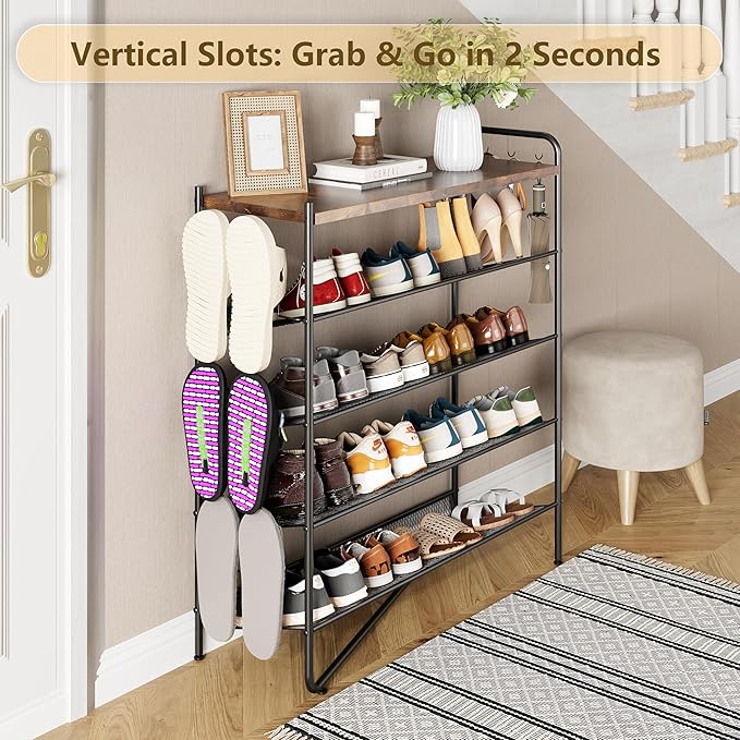 5 Tier Shoe Rack for Entryway, Metal Shoe Rack Organizer Holds 20 Pairs Shoes, Front Door Shoe Storage with Rustic Brown Wooden Top, Vertical shoe rack for Space Saving Shoe Organizer (5-Tiers)-NeatNest